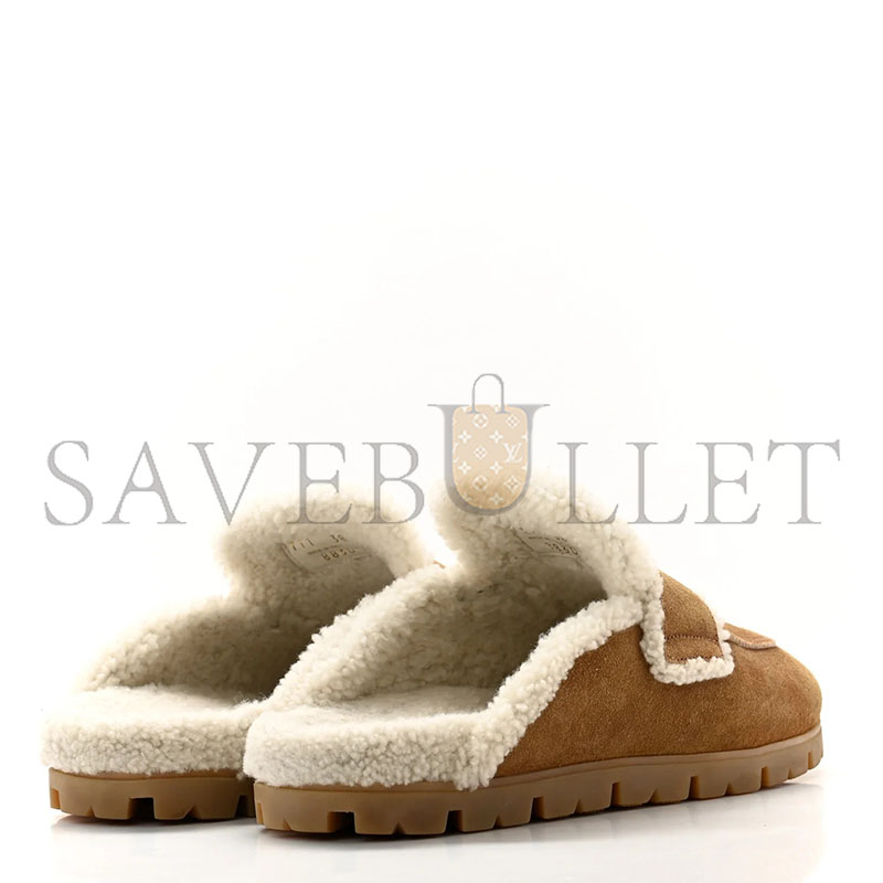 Pra*a suede shearling metal triangle logo lug sole